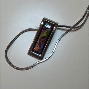 Silver-Tone Rectangle Pendant Necklace with Multicolor Enamel Inlay
